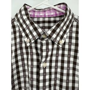 Tasso Elba Brown Checkered Button Down LongSleeve‎ Dress Shirt Size S Flip Cuff